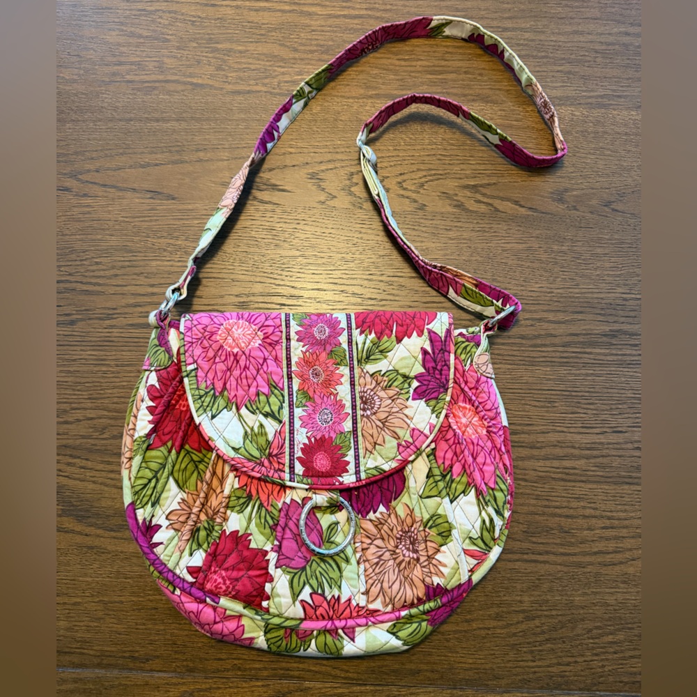 Vera Bradley Hello Dahlia Saddle Up Pink Green Floral Quilted Crossbody Bag